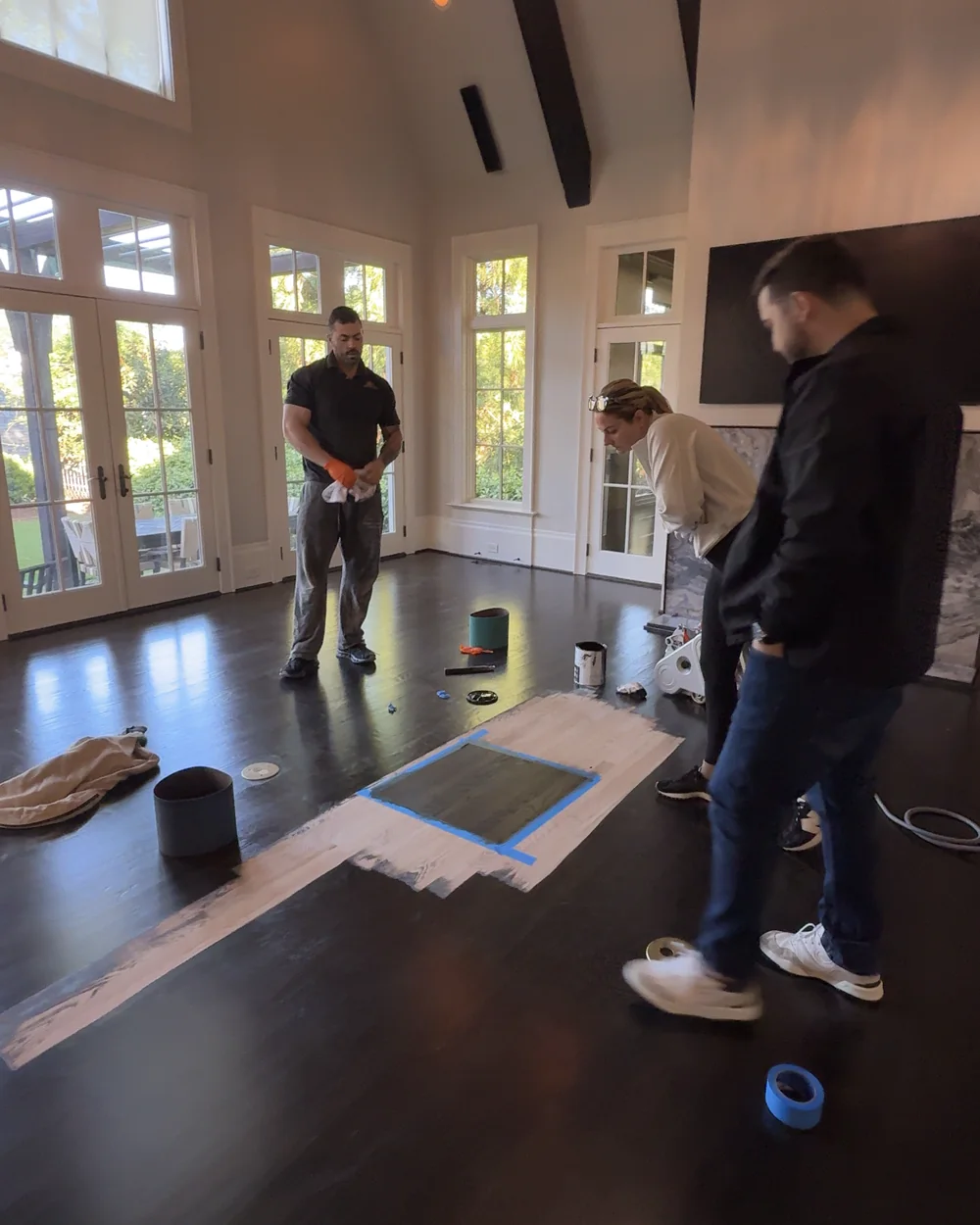 Stain samples brushed onto a customer's own hardwood floor in Charlotte