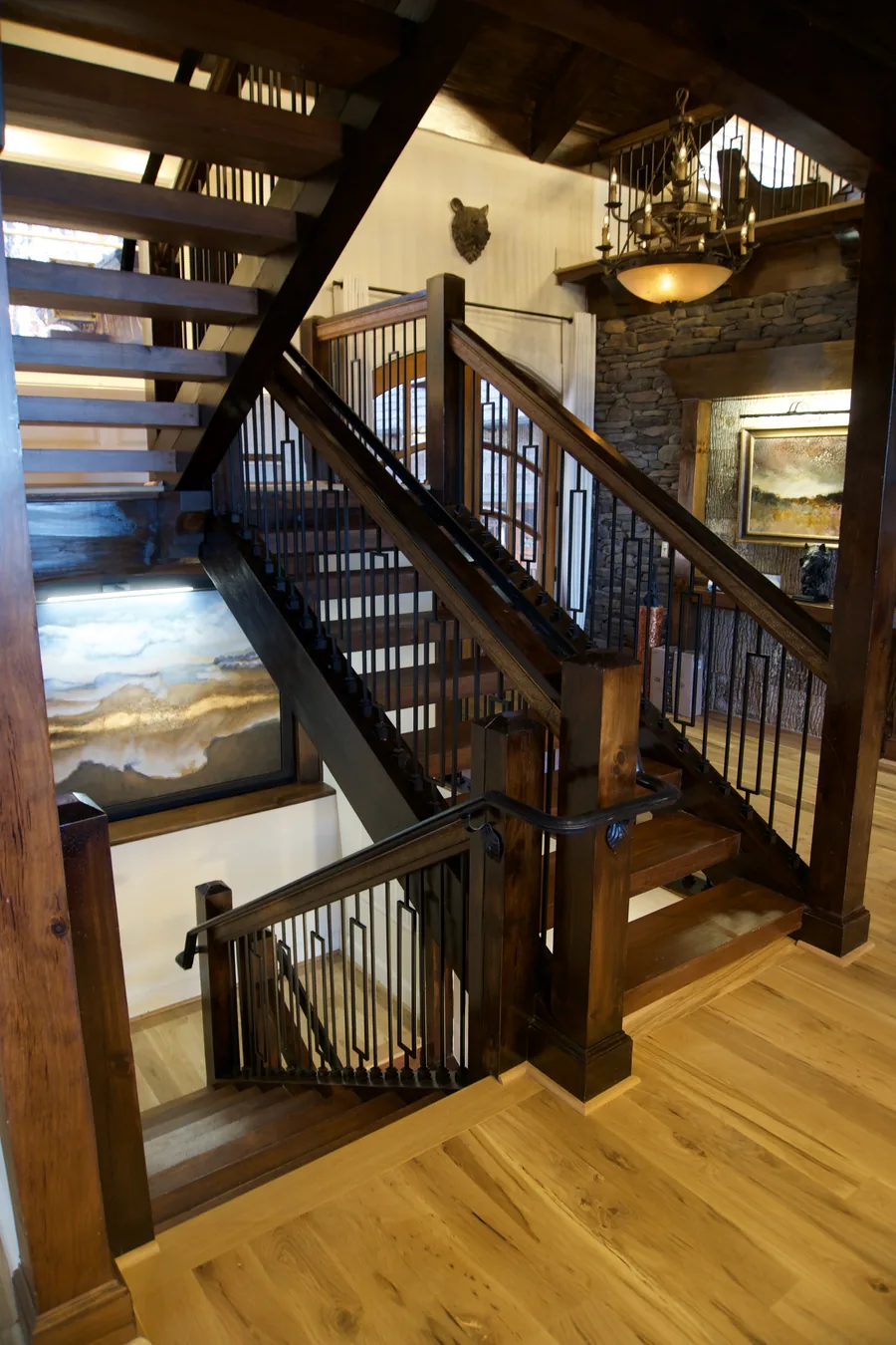 Open riser white oak staircase refinished in Charlotte
